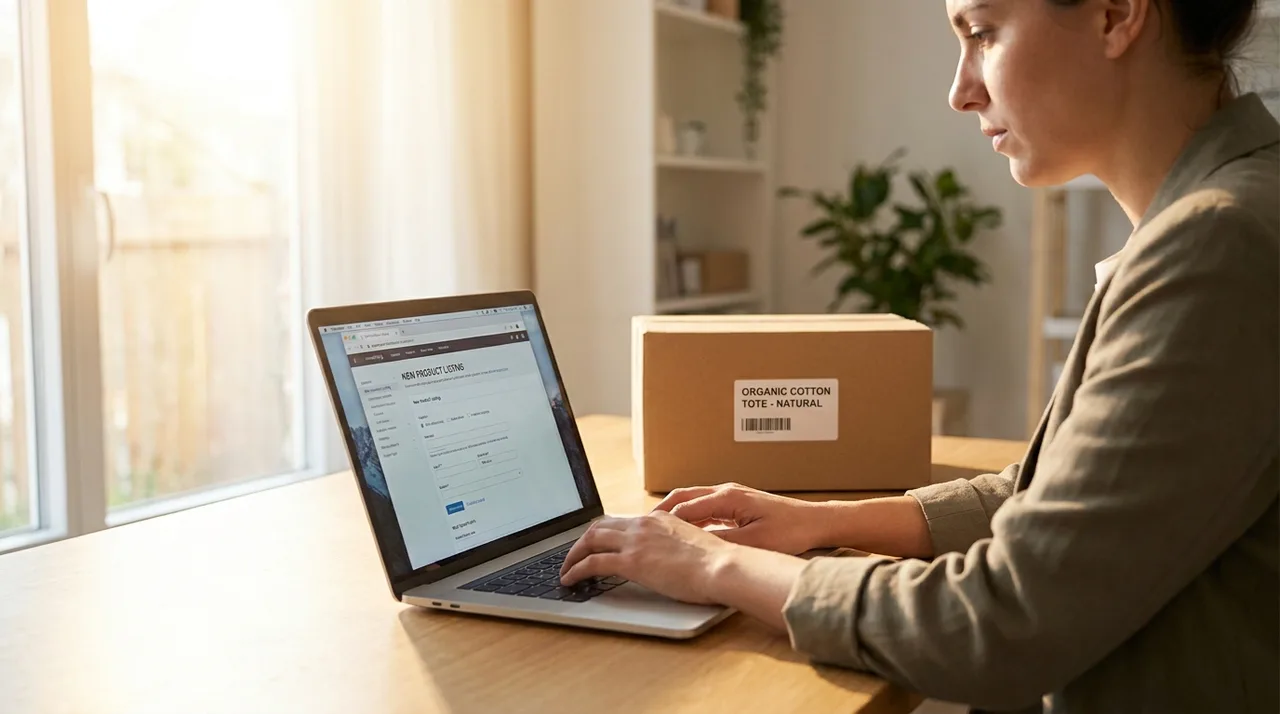 E-commerce seller writing a product listing on a laptop at a bright desk